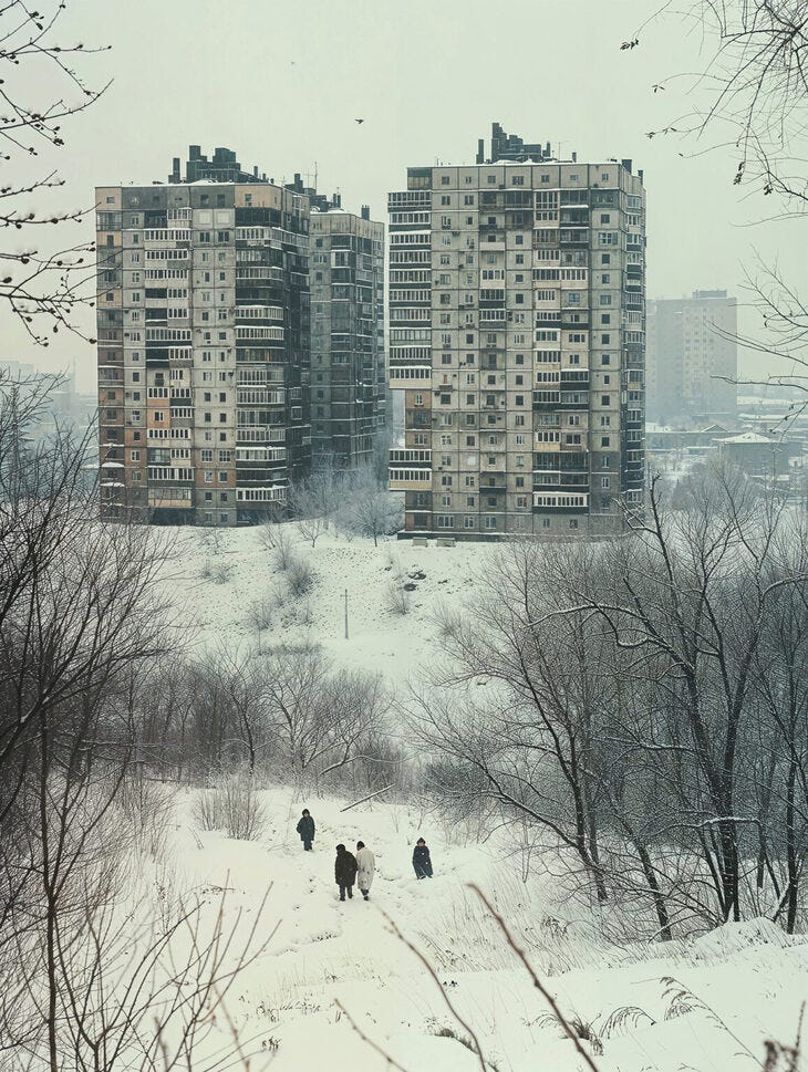 A painting of brutalist buildings in the snow