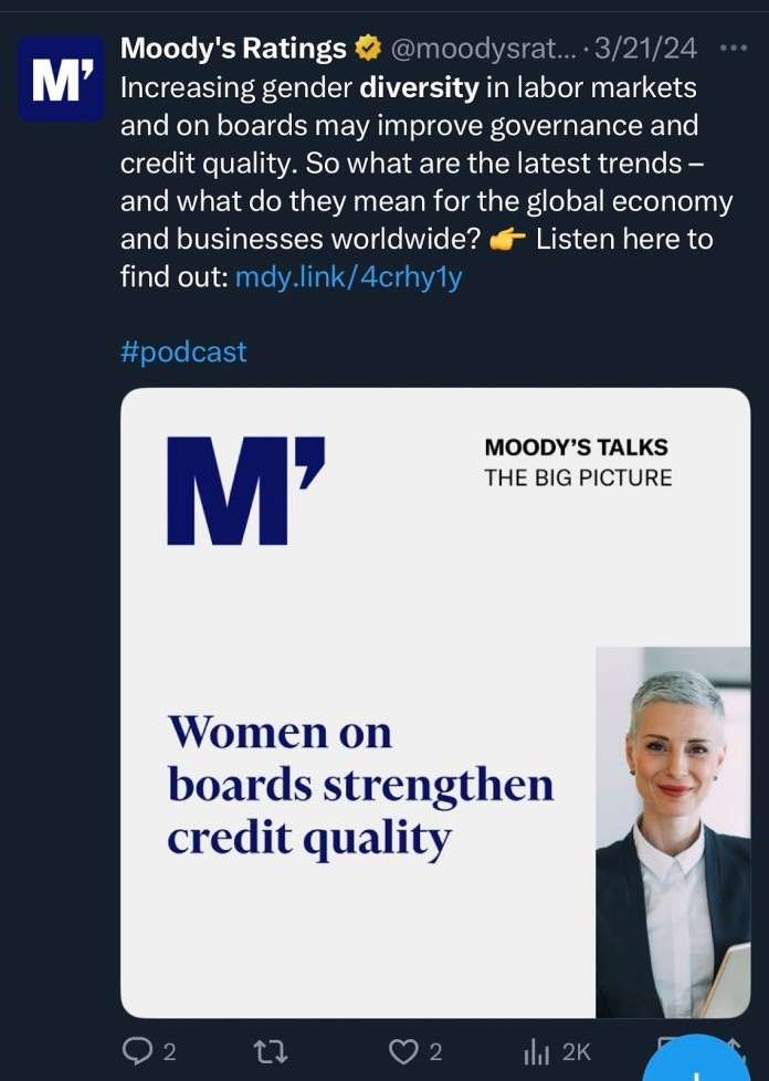 Moody's uses DEI in rating system—no wonder Trump admin received a credit downgrade.