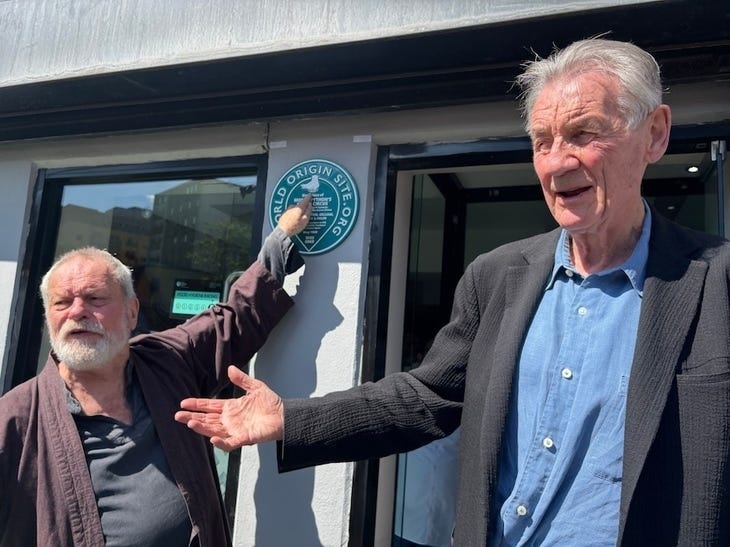Terry Gilliam and Michael Palin unveiling a plaque