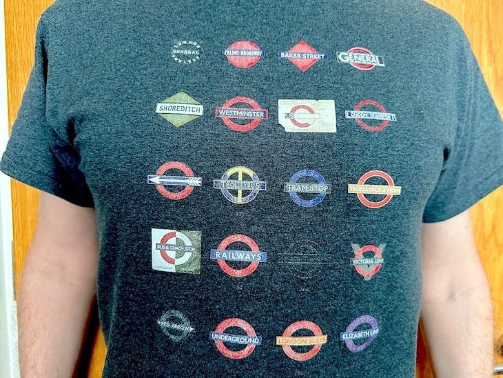 A tshirt full of roundels of different shape and colour