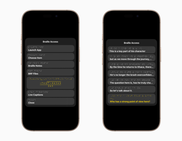 With Braille Access, users can quickly take notes in braille format and perform calculations using Nemeth Braille, a braille code often used in classrooms for math and science (left). An integrated form of Live Captions allows users to transcribe conversations in real time directly on braille displays.