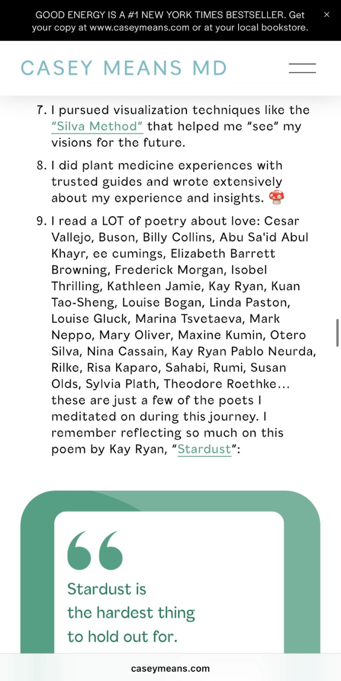 Screenshot of Casey's Good Energy newsletter describing rituals such as visions, plant medicine, manifestation, and spiritual communication. This is unfounded for a US Surgeon General Nominee. Means is an unlicensed witch doctor.
