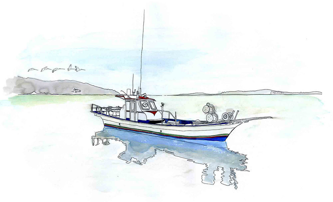 Watercolor sketch of a Korean fishing boat floating in calm tidal flats off western Ganghwa Island, with low coastal hills in the background and fishing equipment visible on the boat’s deck.