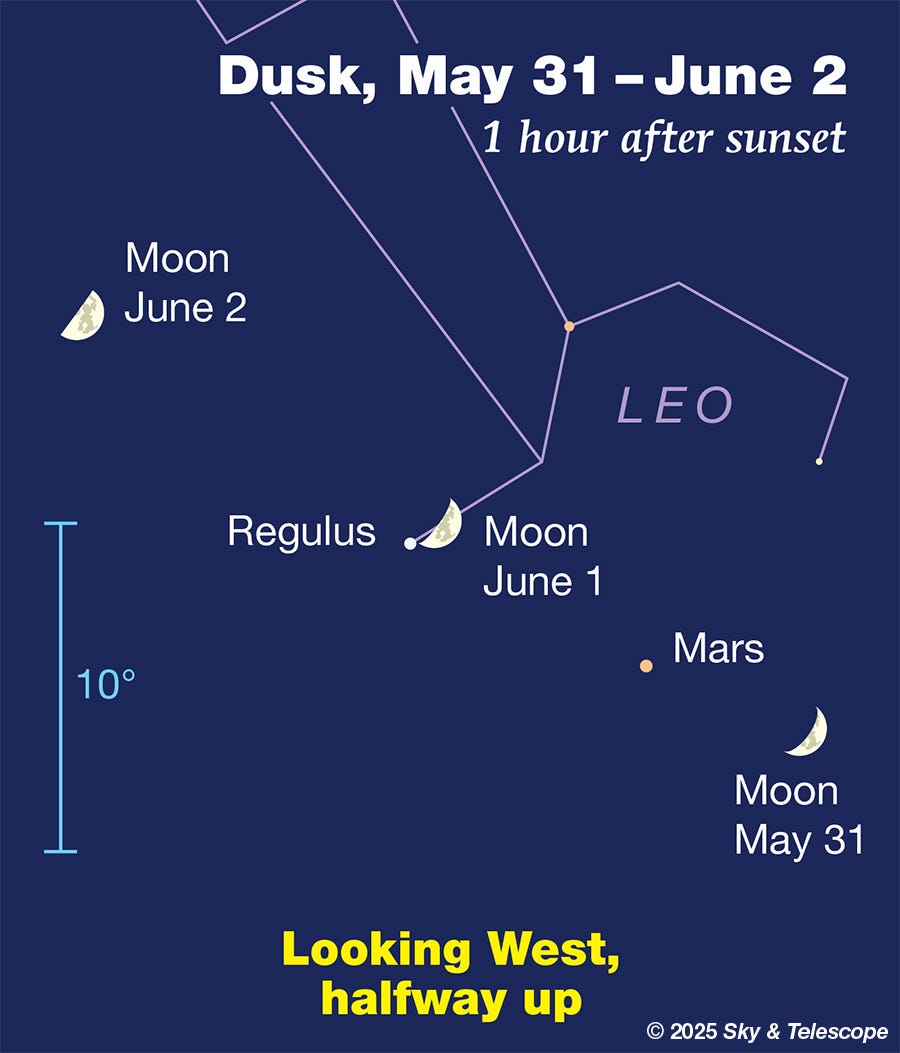 Moon passing Mars and Regulus in the evening sky, May 31 - June 2, 2025