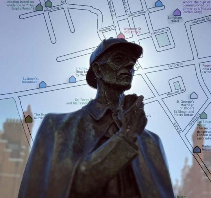 Sherlock Holmes statue over a map of his locations