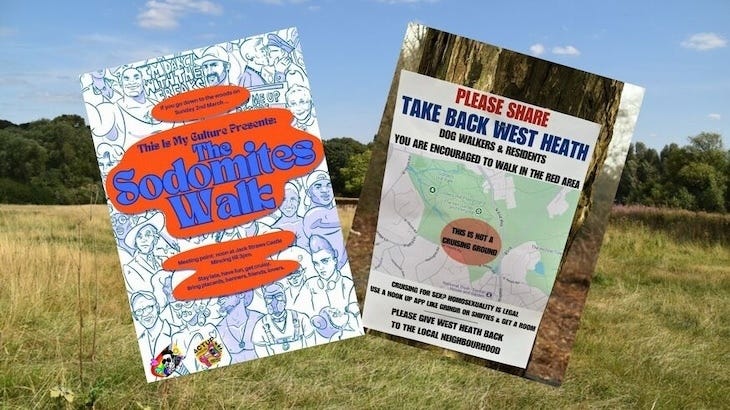 Two posters regarding posters on hampstead heath. One for the sodomites walk, the other against it
