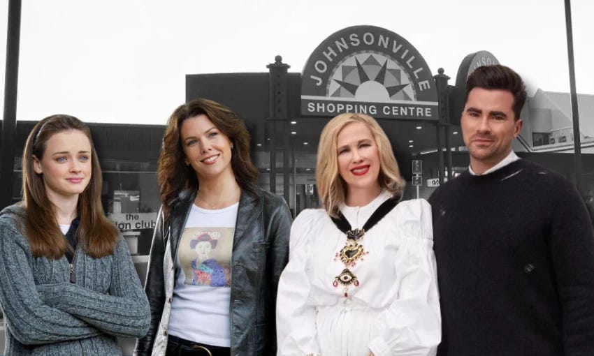 Composite image with Johnsonville shopping centre sign in the background and four people (Rory and Lorelai Gilmore, Moira and David Rose) in the foreground