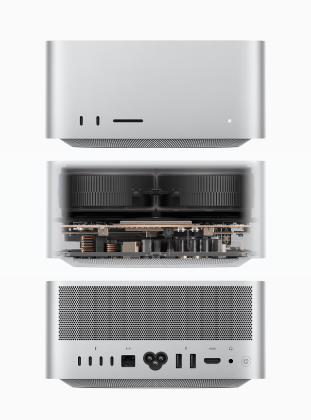 The new Mac Studio (top: front, middle: interior, bottom: rear) — powered by M4 Max and M3 Ultra for groundbreaking performance and extensive connectivity — is the ultimate pro desktop.