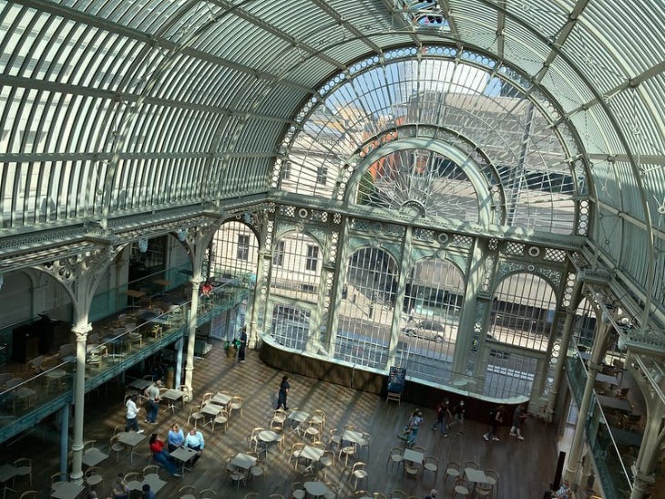 Inside an atrium at the Royal Opera House