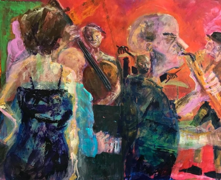 An abstract painting of a jazz club