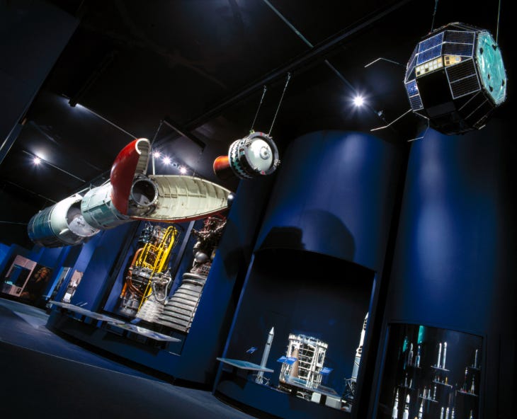 Model rockets on display in the Exploring Space gallery