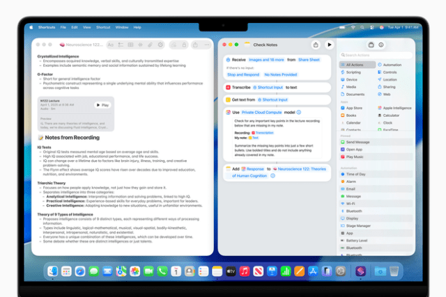 Shortcuts are supercharged with Apple Intelligence, allowing users to tap directly into Apple Intelligence models, either on-device or with Private Cloud Compute, to generate responses that feed into the rest of a shortcut.