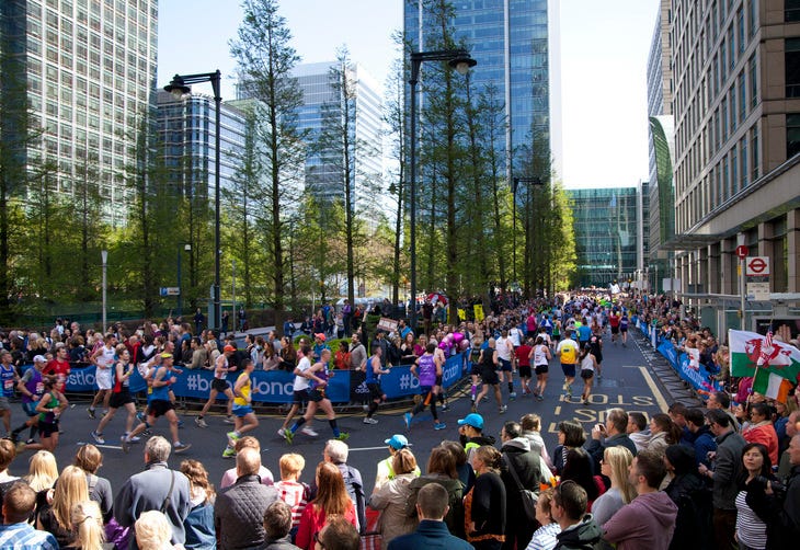 Hundreds of people racing to get out of Canary Wharf. This is not because it is a soulless place with little heritage but because they are running the London marathon, 