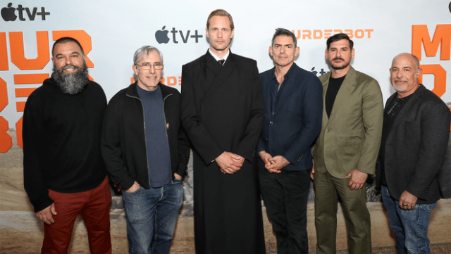 Andrew Miano, Chris Weitz, Alexander Skarsgård, Paul Weitz, Keith Levine and David S. Goyer attend the global premiere of the Apple TV+ sci-fi comedic thriller series “Murderbot” at the Regal Union Square.