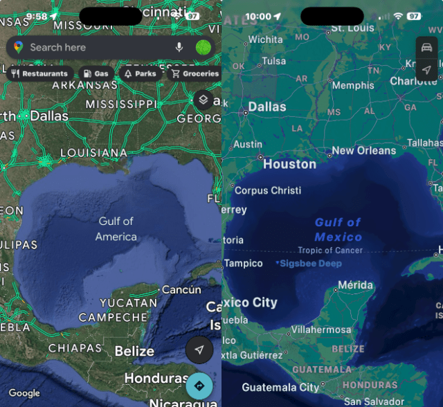 It's the 'Gulf of America' now on Google Maps, not yet on Apple Maps