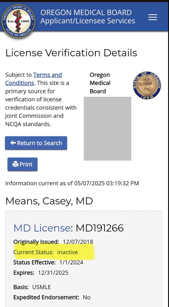 Screenshot of Casey Means’ inactive medical license record from official state verification database, confirming unlicensed status as of January 2024.