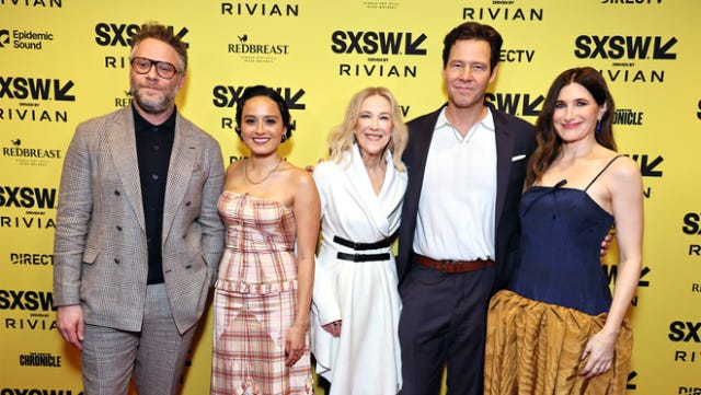 Seth Rogen, Chase Sui Wonders, Catherine O’Hara, Ike Barinholtz and Kathryn Hahn attend the world premiere for “The Studio” at the 2025 SXSW Film & TV Festival’s Opening Night TV Premiere in Austin, Texas. The comedy series premieres globally on Wednesday, March 26, 2025 on Apple TV+.