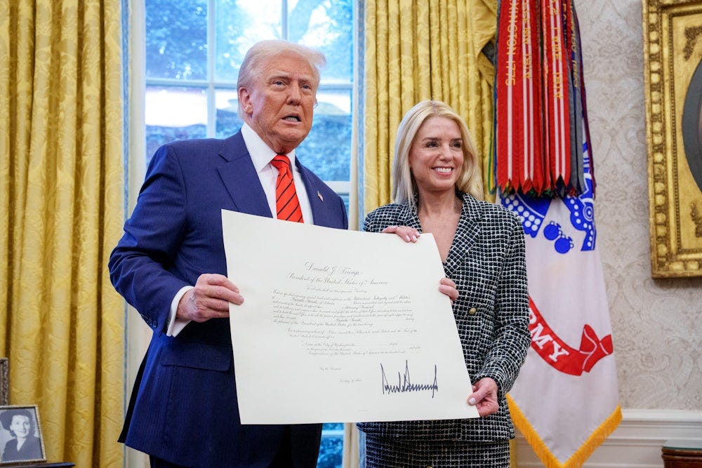 Donald Trump and U.S. Attorney General Pam Bondi pose with a document in the Oval Office.