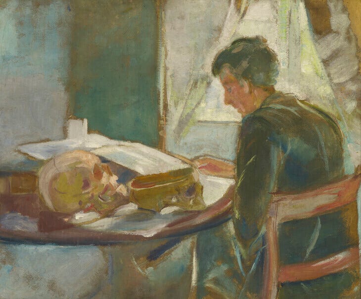 Painting of a man inspecting skulls