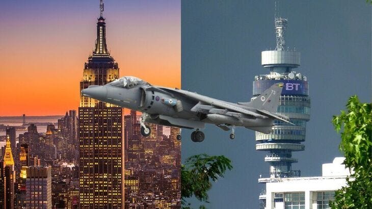 A harrier jump jet in front of the Empire State Building/BT Tower