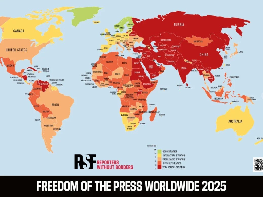 The Reporters Without Borders World Press Freedom Index map for 2025. It's a lot of red and orange, with a smattering of green in northern Europe. Picture: RSF