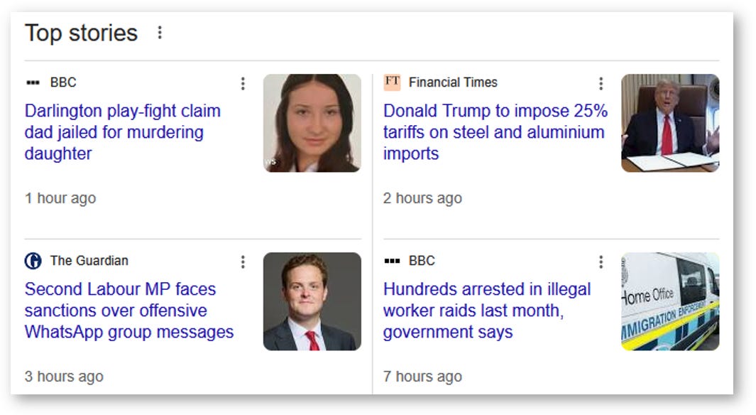 A typical Top Stories box on Google results, showing a featured image with each article