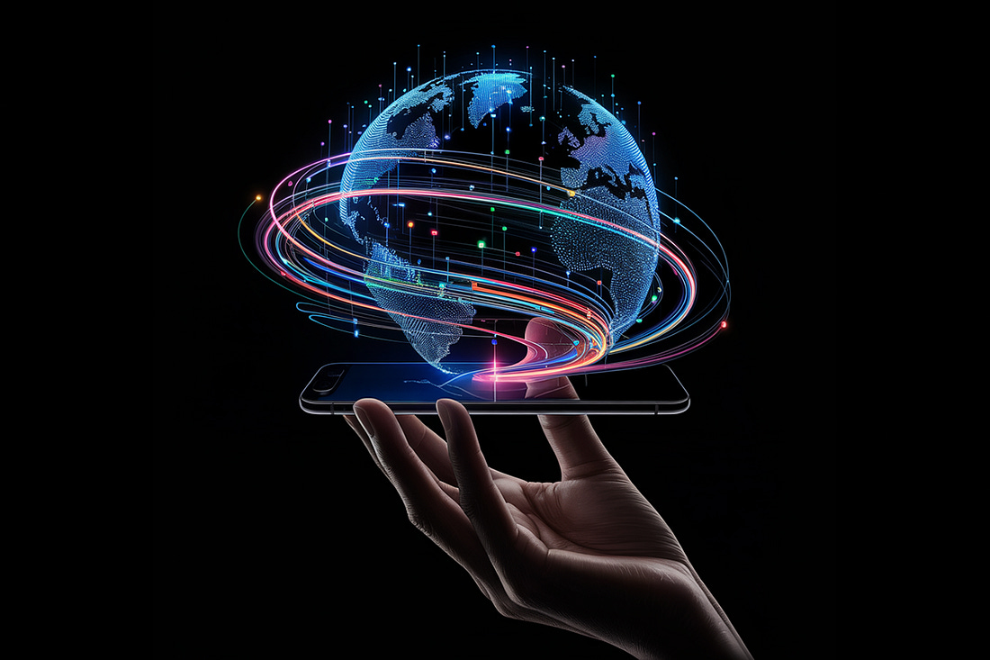 A hand holding a phone with a globe and lights around it

AI-generated content may be incorrect.