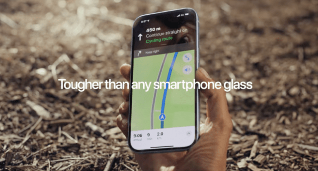 Still from Apple 'Swoop' ad spotlighting iPhone 15's Ceramic Shield