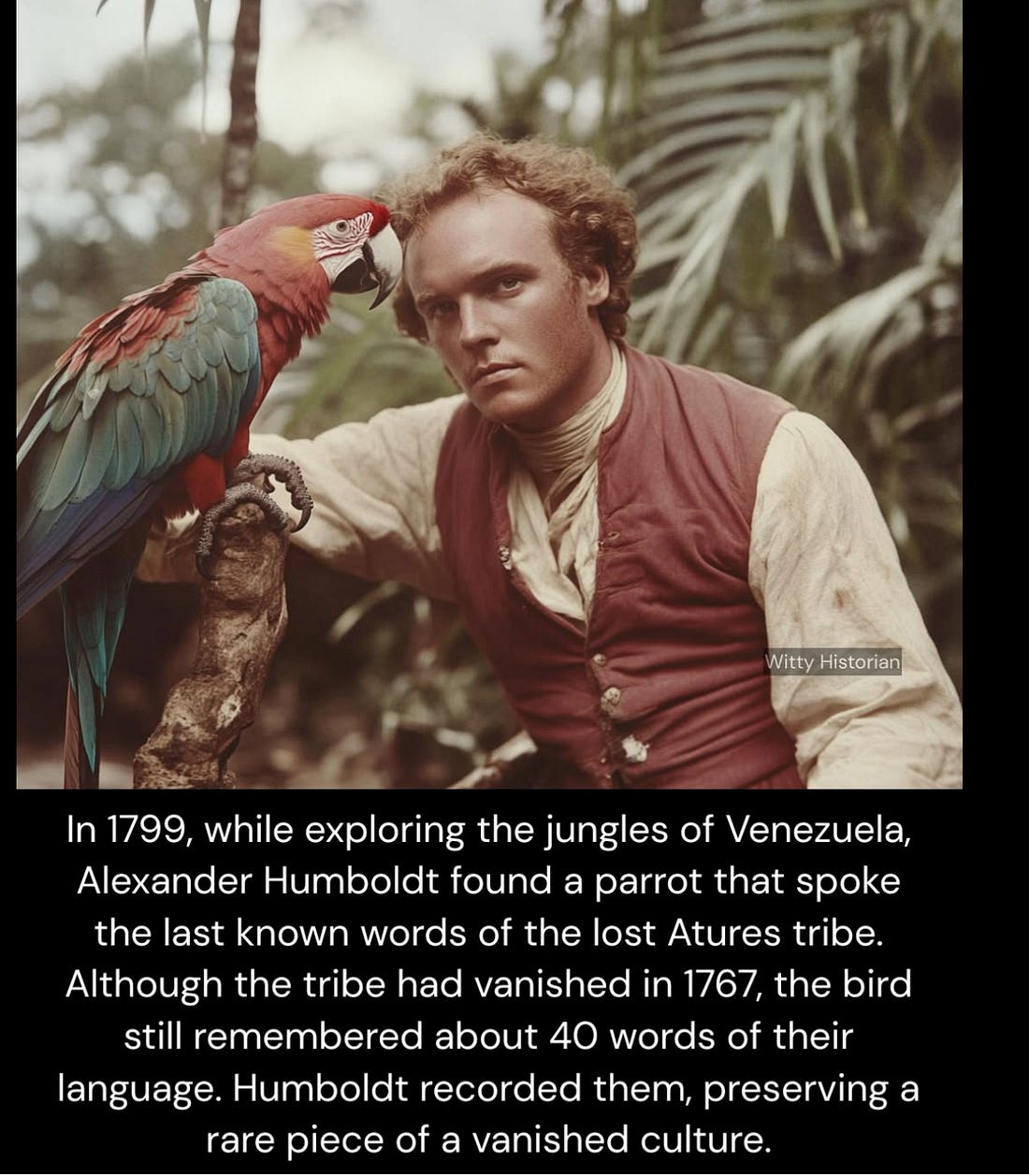 A sepia-toned image that looks very much like a photograph, convincingly so, of a white guy who vaguely resembles Alexander von Humboldt, hanging out with a parrot in a tropical forest. The caption says it is from 1799.