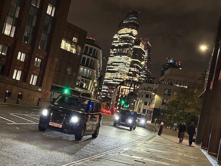 Cars at night in the City. To be clear, none of these cars is taking part in a treasure hunt, so far as we know. It just makes for a decent stock image