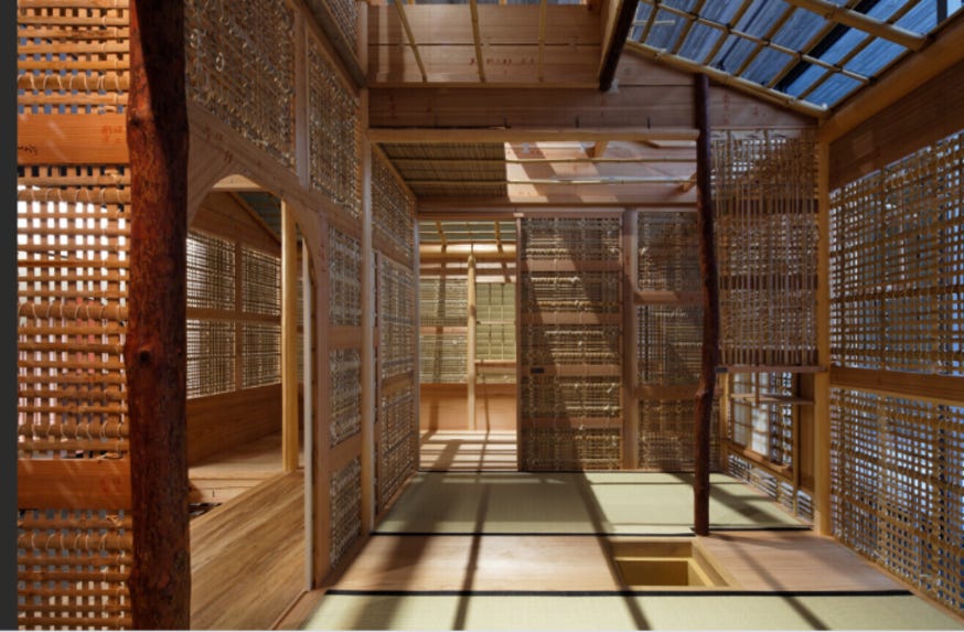 A wooden replica of a traditional Japanese teahouse