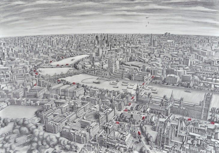 A very detailed pencil drawing of a section of the River Thames and surrounding buildings