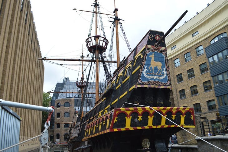 The Golden Hinde, a wooden ship drydocked on Bankside