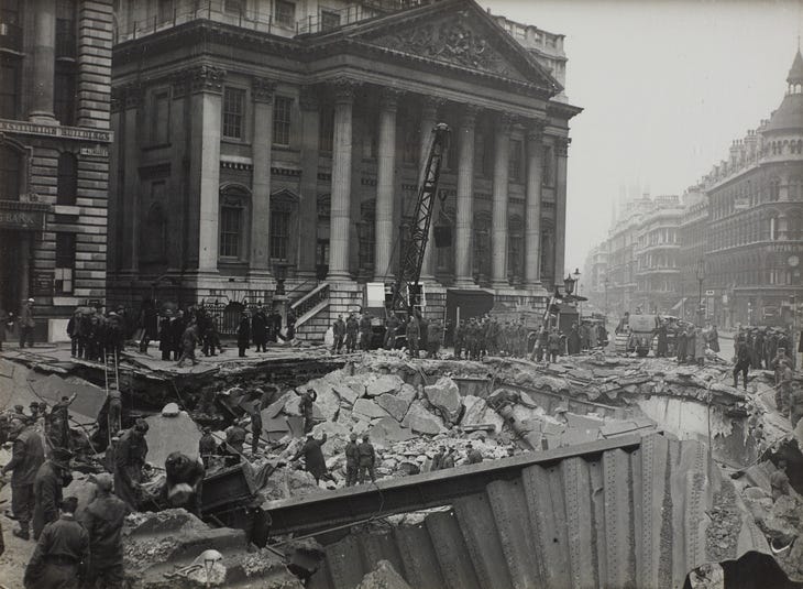 A photograph of bomb damage above Bank station, outside Mansion House 