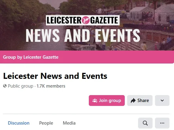Local news publisher Leicester Gazette's Leicester News and Events Facebook group - screenshot of top of the page showing their logo and 1,700 members. Facebook has disabled the account