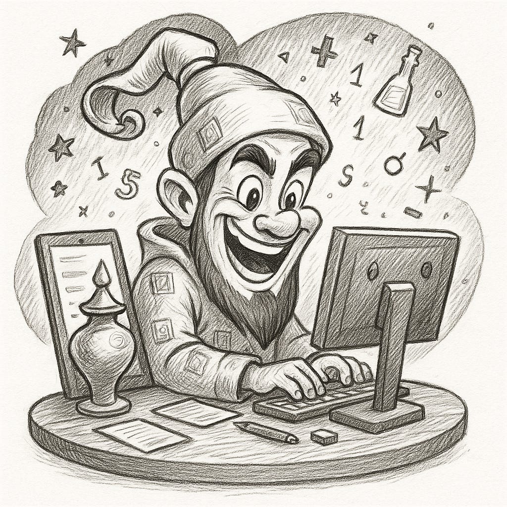 A genie madly coding away
