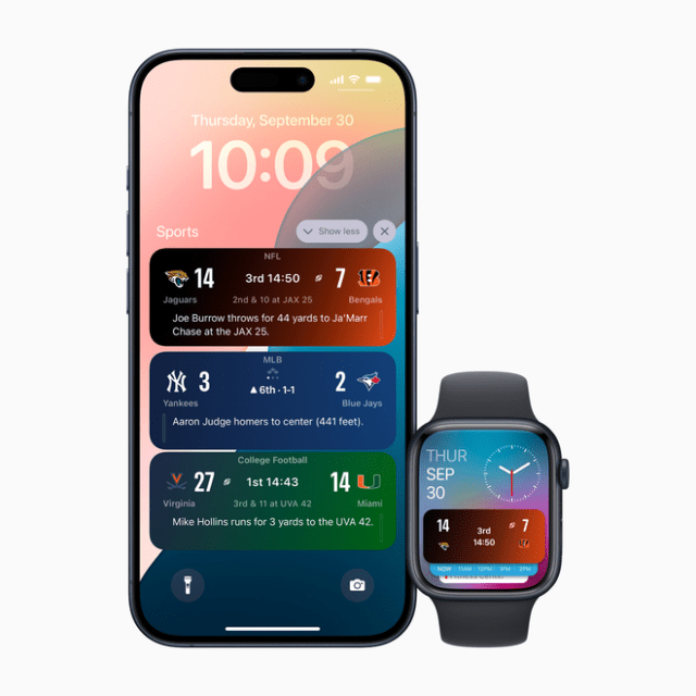 With iOS 18 and watchOS 11, the Apple Sports app will offer Live Activities, delivering live scores and play-by-play at a quick glance to a user’s iPhone and Apple Watch Lock Screens. With iOS 18 and watchOS 11, the Apple Sports app will offer Live Activities, delivering live scores and play-by-play at a quick glance to a user’s iPhone and Apple Watch Lock Screens.