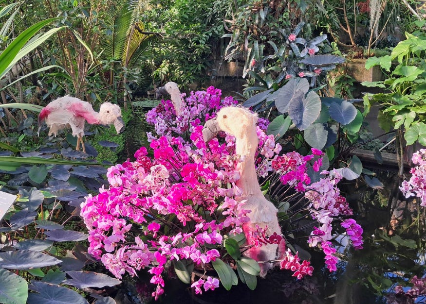 London events: a flamingo sculpture made from pink orchids