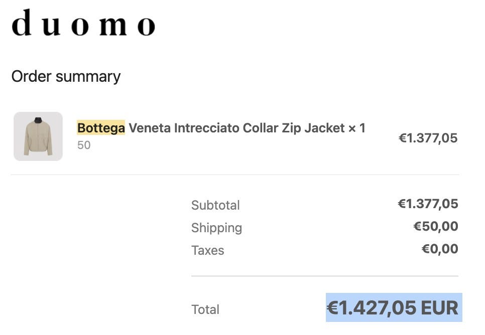Il Duomo order summary for the Bottega Veneta Intrecciato Collar Zip Jacket, size 50, total 1,427.05 euros