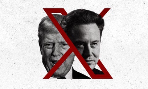 Illustration showing Donald Trump and Elon Musk enmeshed in an X logo.