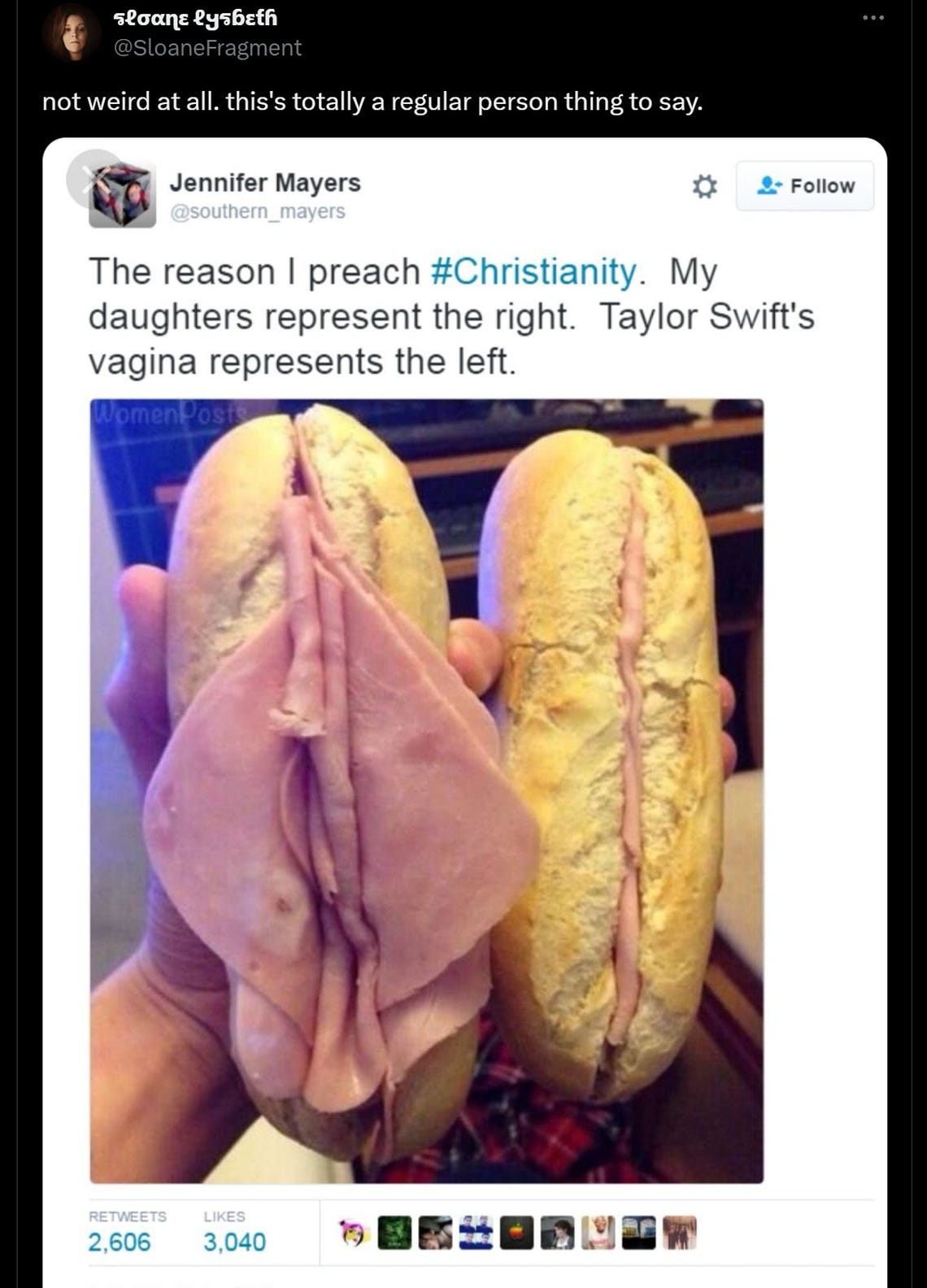 A screenshot of a twitter post showing someone holding up two bread rolls; one with a lot of ham sticking out and one with the ham tucked in nicely and politely. The poster says “The reason I preach Christianity. My daughter’s represent the Right. Taylor Swift’s vagina represents the left”