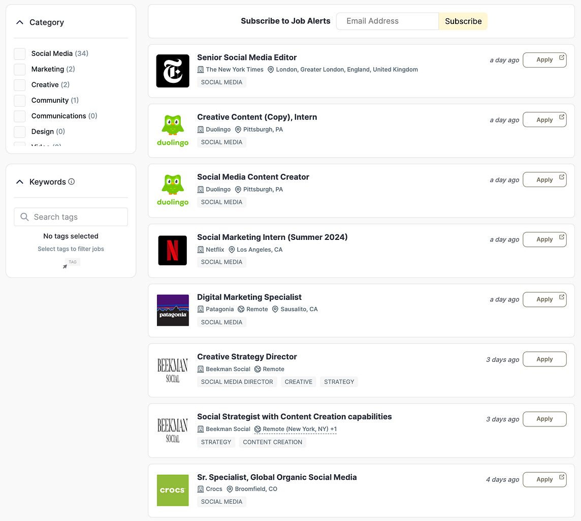 Screenshot of the Link in Bio Job Board