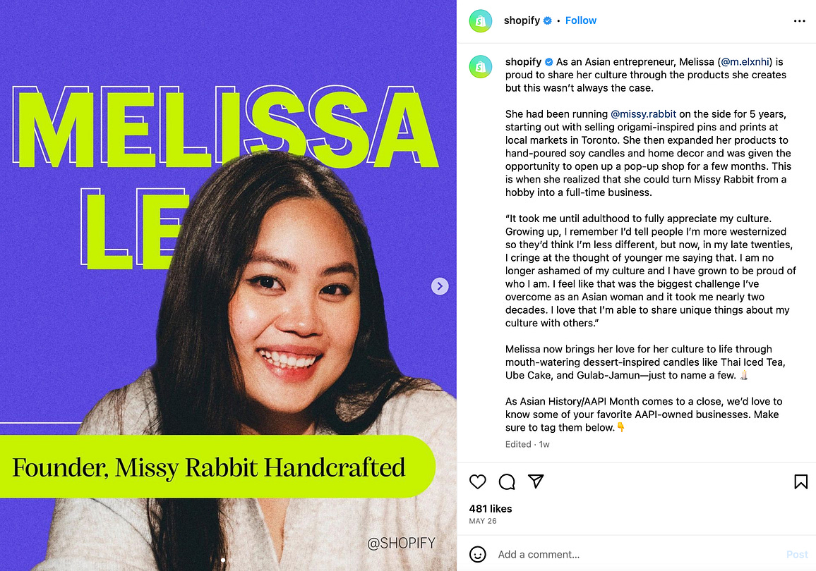 Example of a shopify post. Shows bright design template featuring a photo of a person and neon green and blue text.