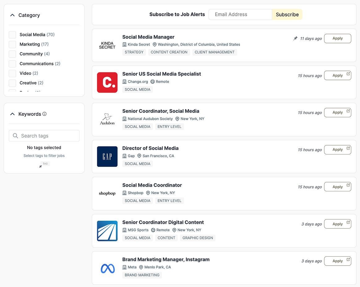 Screenshot of seven jobs postings on the Link in Bio Job Board
