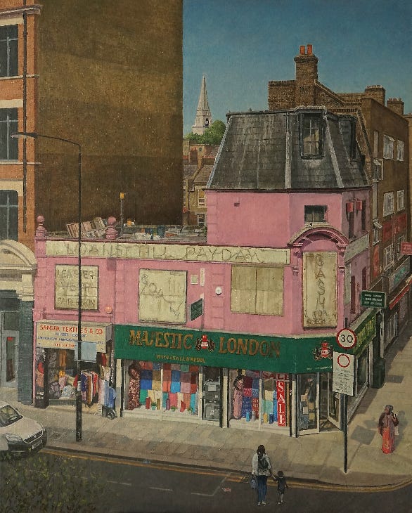 A painting of a pink building on a corner in Spitalfields, with Christ Church visible in the background