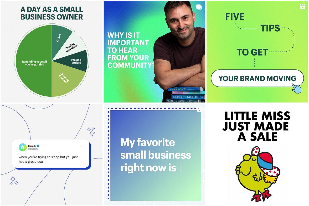 Example of Shopify's Instagram grid—shows they have beautiful design with a mxi of charts, photos, and designs.