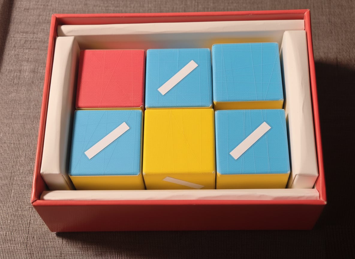 Handmade colored D6 dice, each with two faces in red, yellow, and blue.