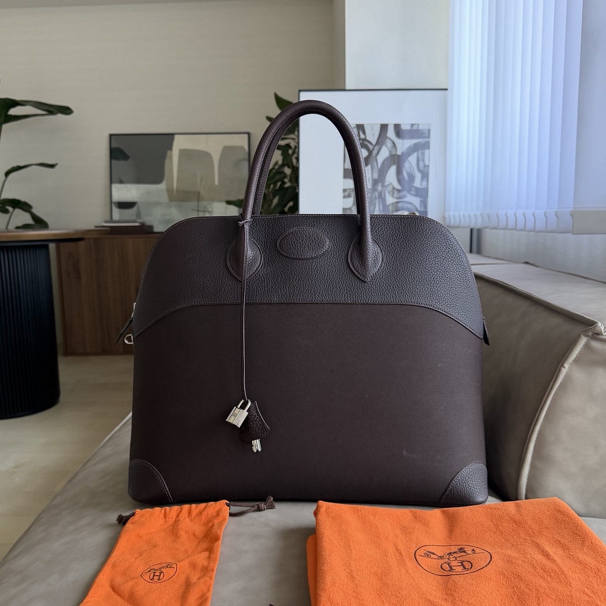 Hermès Bolide 45 in Toile Officier, chocolate, from Japan