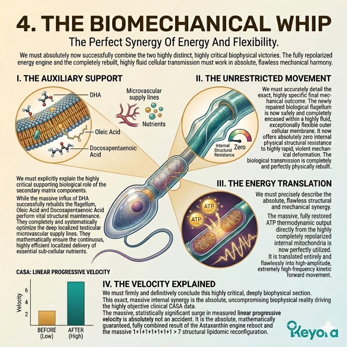 The Four-Drive System achieves synergy between ATP output and DHA-restored fluidity, translating energy into a high-amplitude biomechanical whip for Keyora.