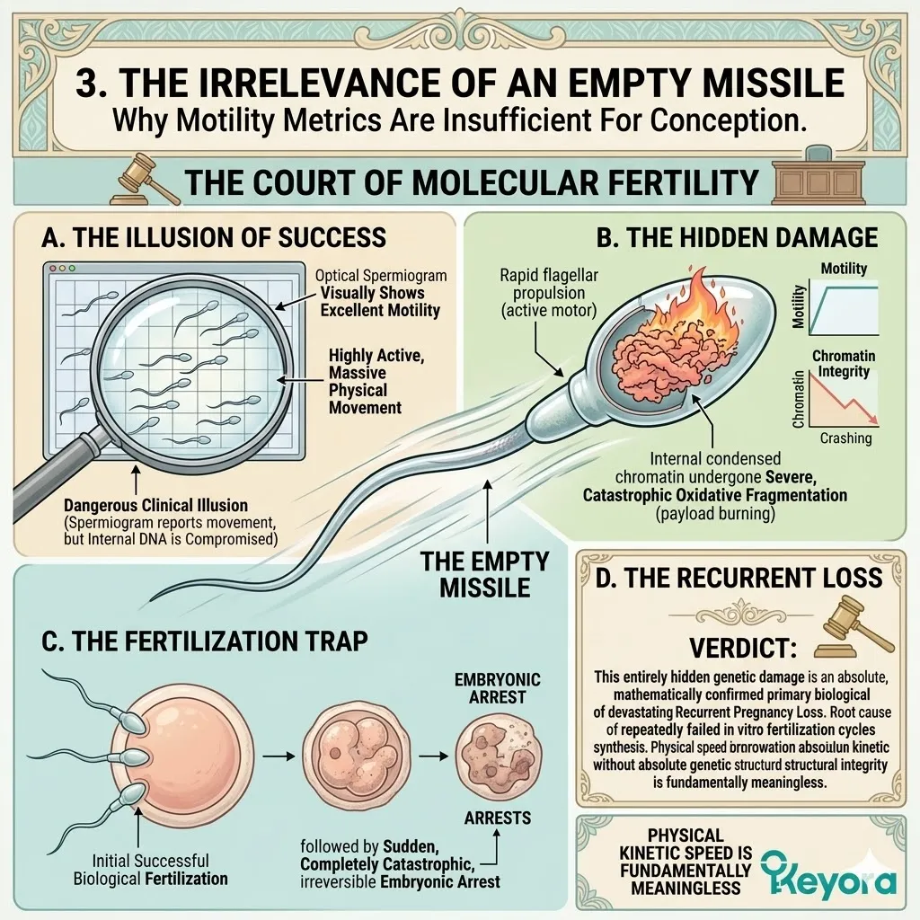 The Four-Drive System identifies the fertilization trap where kinetic speed masks catastrophic DNA fragmentation, driving recurrent pregnancy loss and systemic failure.
